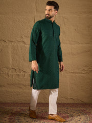 Ethnic Bay Men Green Viscose Rayon Solid Embroidered Straight Kurta-MKU1188