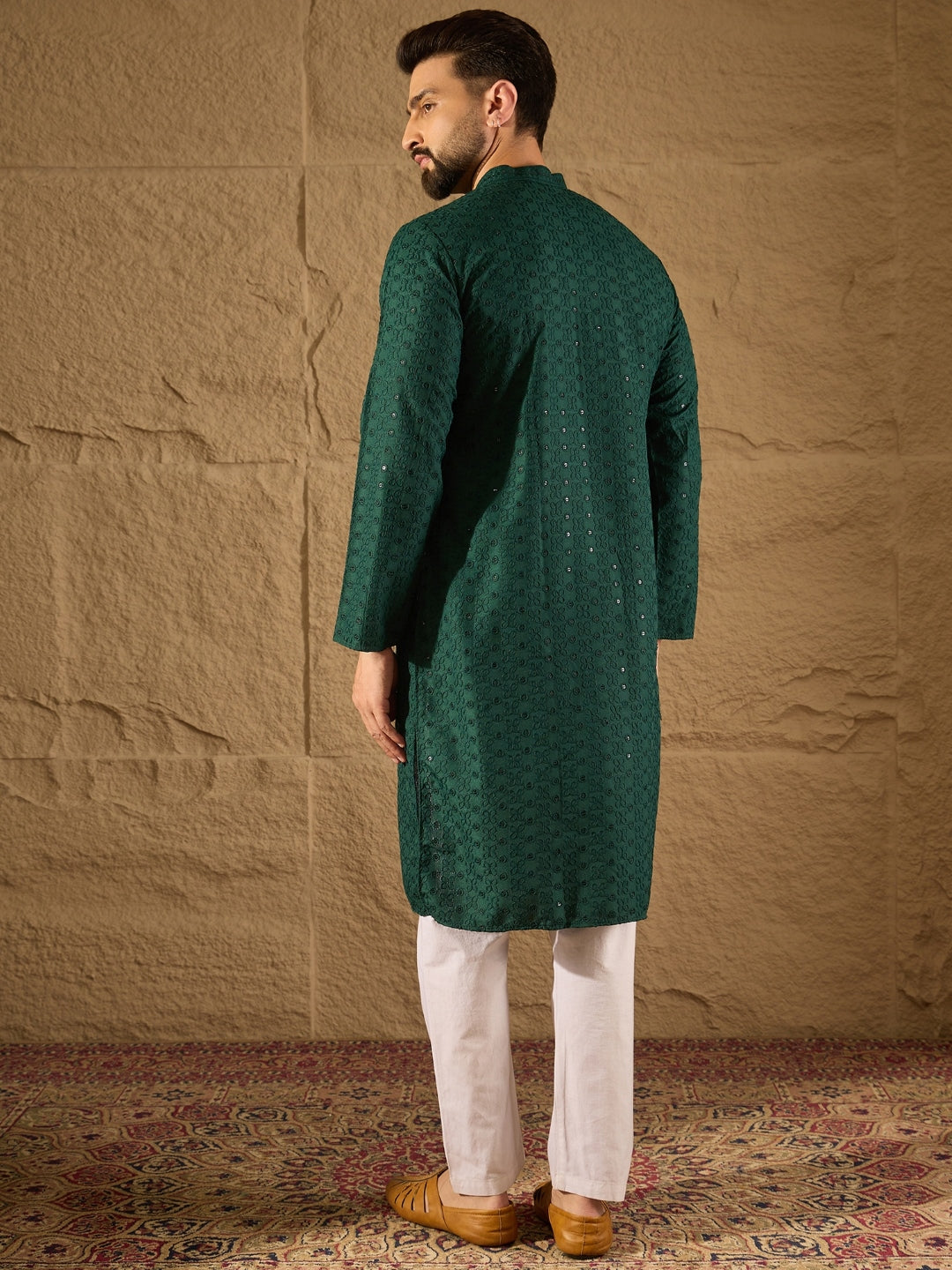 Ethnic Bay Men Green Viscose Rayon Solid Embroidered Straight Kurta-MKU1188
