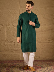 Ethnic Bay Men Green Viscose Rayon Solid Embroidered Straight Kurta-MKU1188