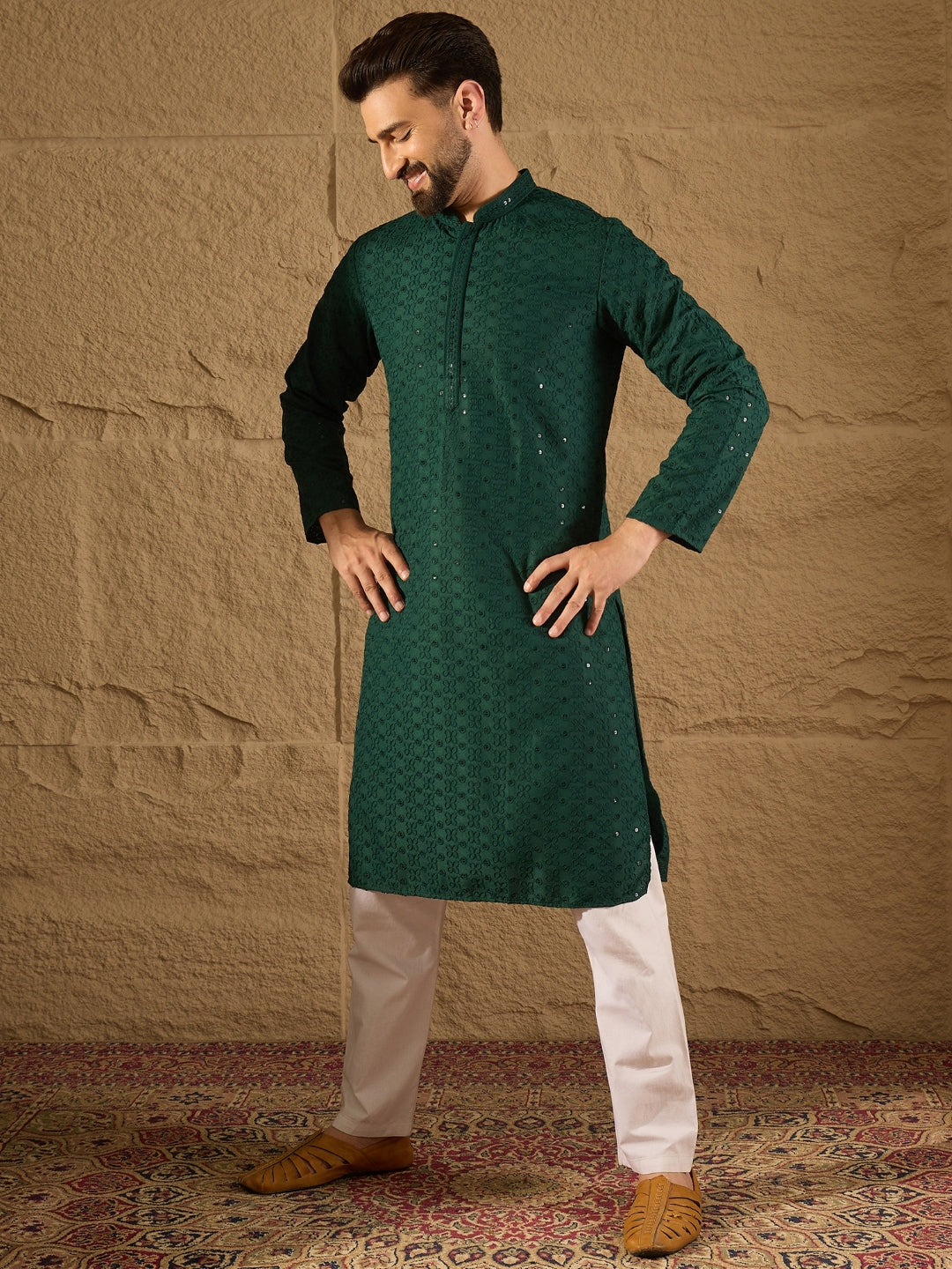 Ethnic Bay Men Green Viscose Rayon Solid Embroidered Straight Kurta-MKU1188
