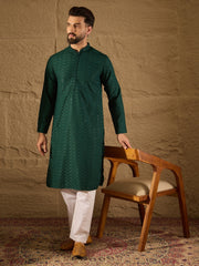 Ethnic Bay Men Green Viscose Rayon Solid Embroidered Straight Kurta-MKU1188