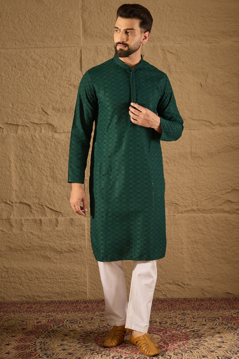 Green Viscose Rayon Solid Embroidered Chikankari Straight Kurta HOPMKU