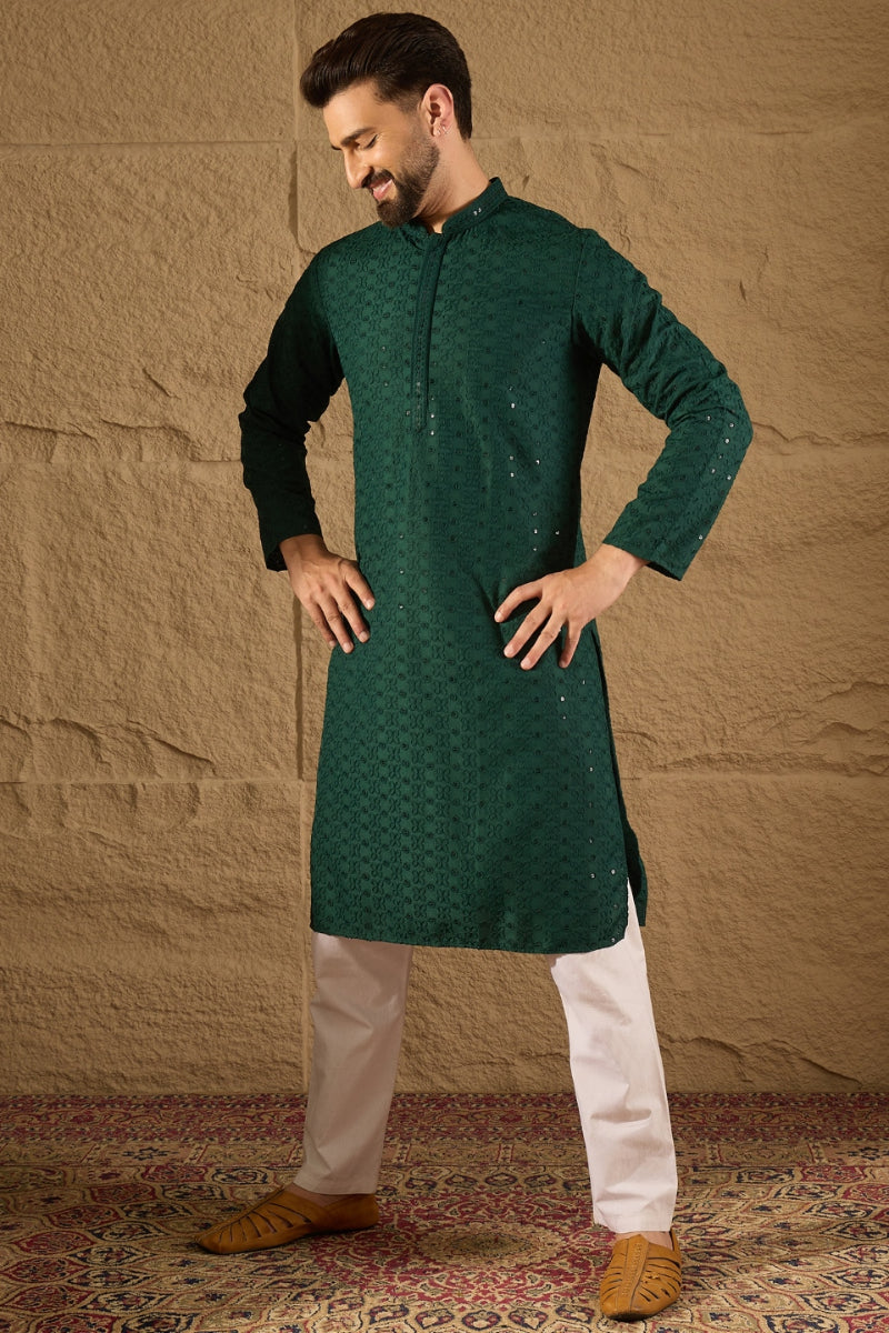 Green Viscose Rayon Solid Embroidered Chikankari Straight Kurta HOPMKU
