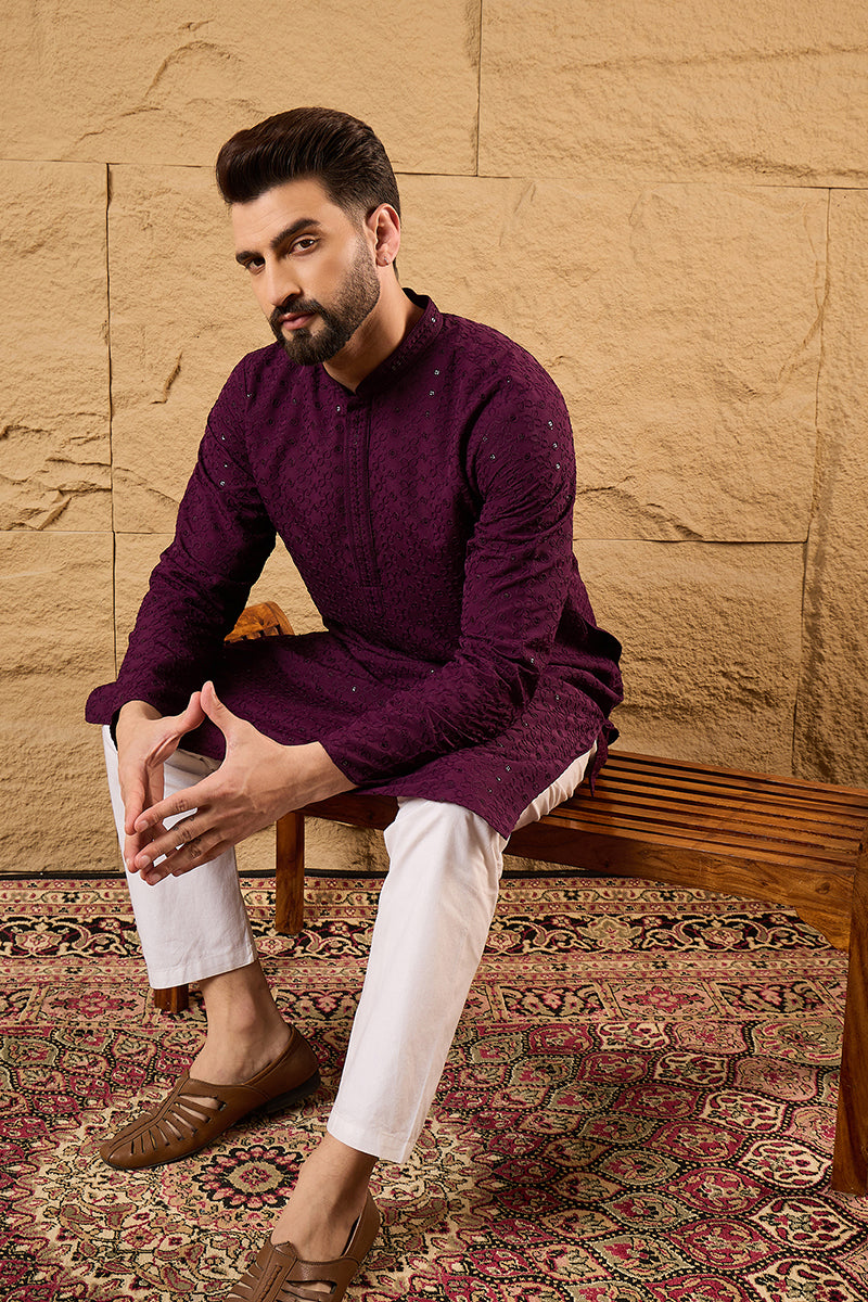 Purple Viscose Rayon Solid Embroidered Straight Kurta HOPMKU1189 | Des