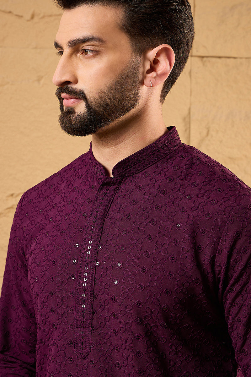 Purple Viscose Rayon Solid Embroidered Straight Kurta HOPMKU1189 | Des