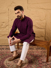 Ethnic Bay Men Purple Viscose Rayon Solid Embroidered Straight Kurta-MKU1189