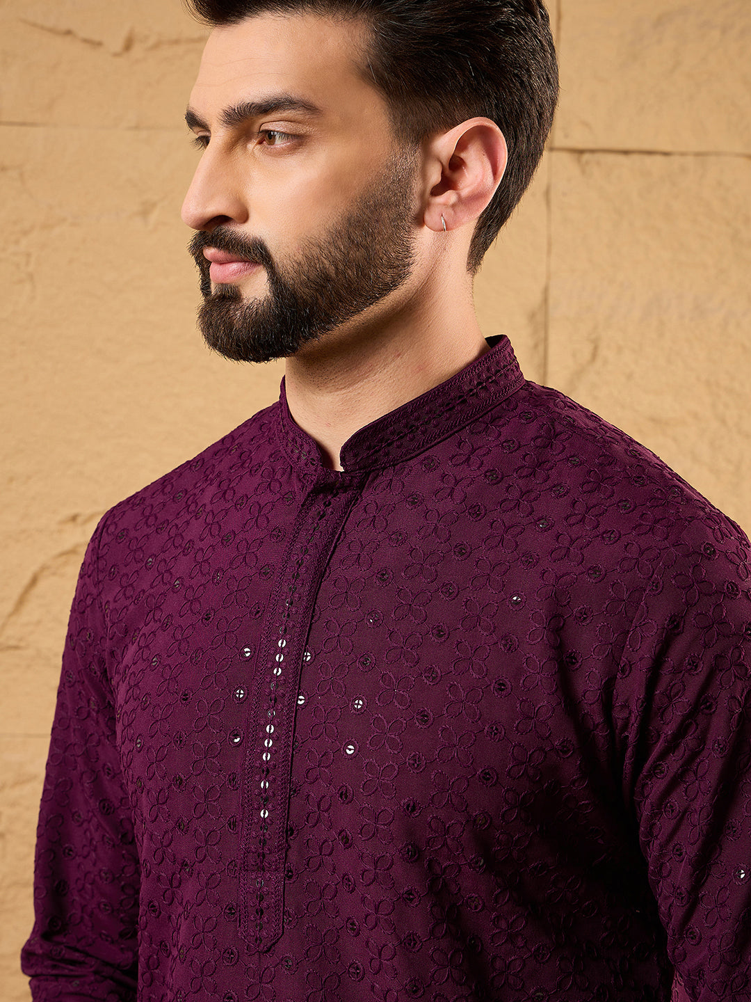 Ethnic Bay Men Purple Viscose Rayon Solid Embroidered Straight Kurta-MKU1189
