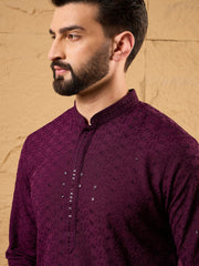 Ethnic Bay Men Purple Viscose Rayon Solid Embroidered Straight Kurta-MKU1189