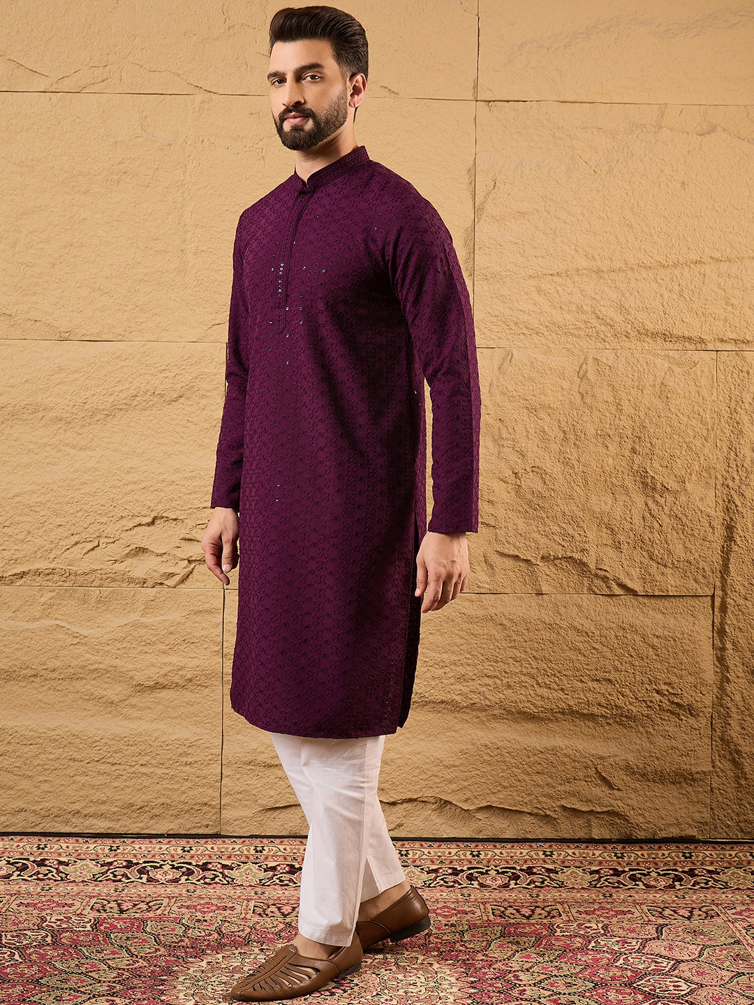 Ethnic Bay Men Purple Viscose Rayon Solid Embroidered Straight Kurta-MKU1189