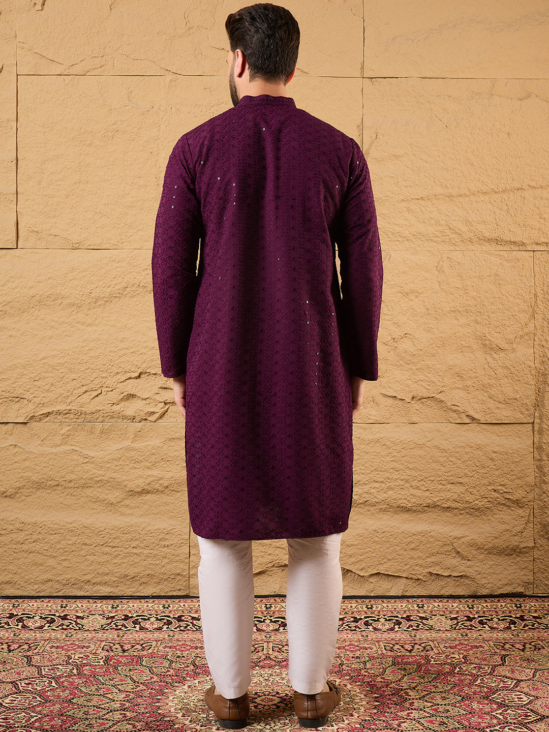 Ethnic Bay Men Purple Viscose Rayon Solid Embroidered Straight Kurta-MKU1189