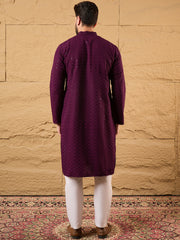 Ethnic Bay Men Purple Viscose Rayon Solid Embroidered Straight Kurta-MKU1189