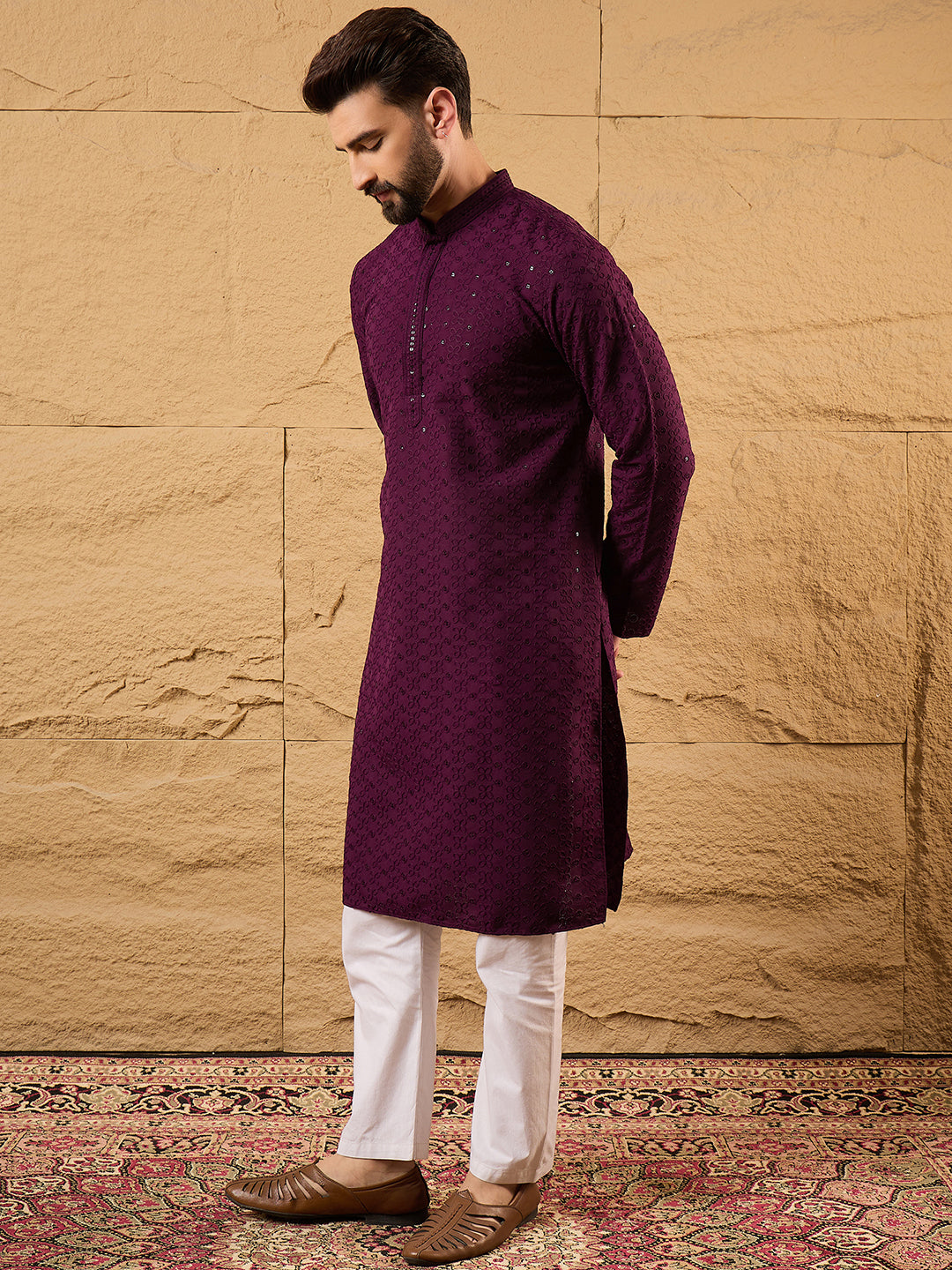 Ethnic Bay Men Purple Viscose Rayon Solid Embroidered Straight Kurta-MKU1189