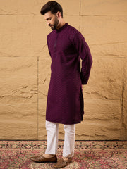 Ethnic Bay Men Purple Viscose Rayon Solid Embroidered Straight Kurta-MKU1189
