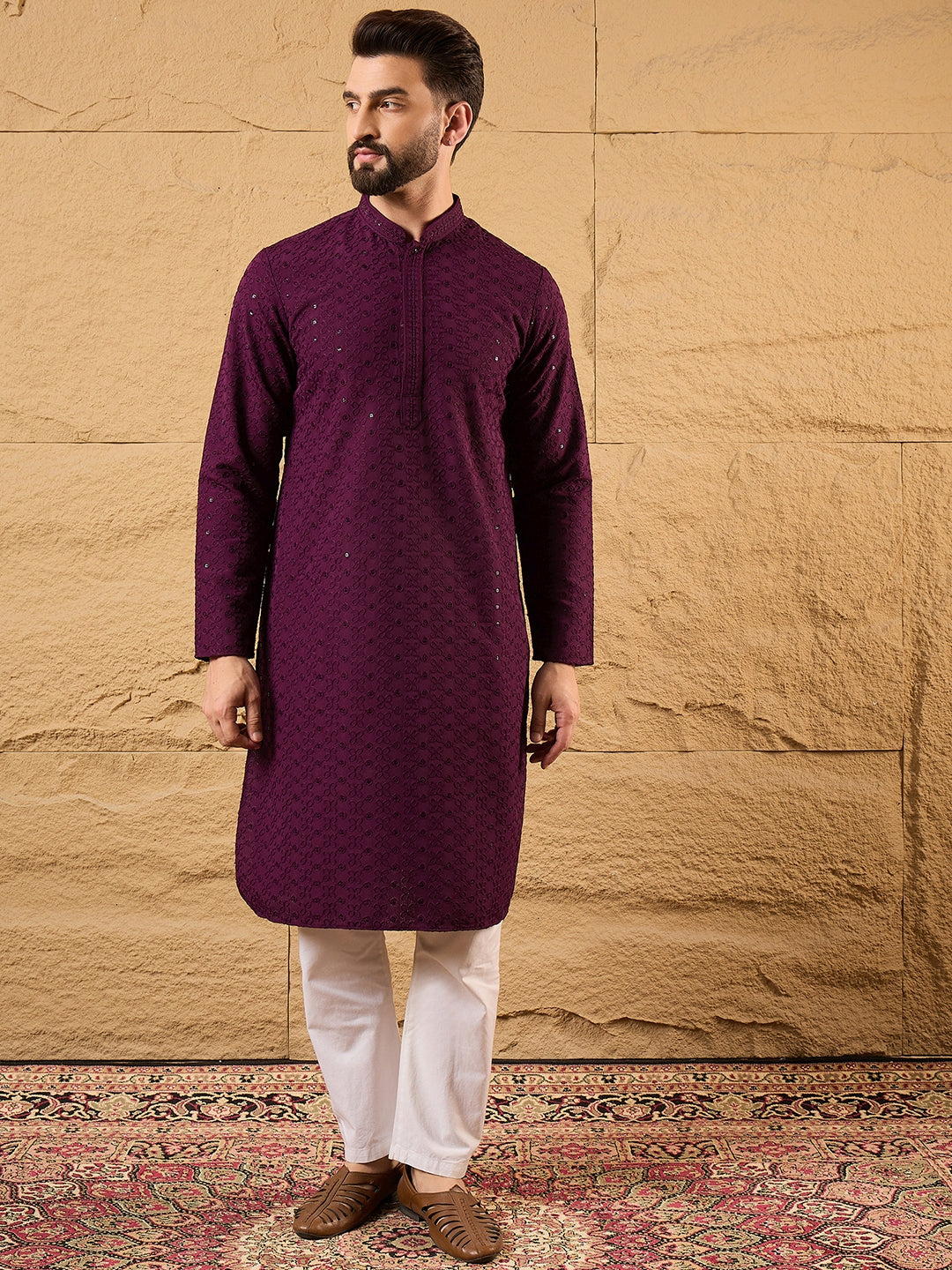 Ethnic Bay Men Purple Viscose Rayon Solid Embroidered Straight Kurta-MKU1189