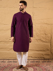 Ethnic Bay Men Purple Viscose Rayon Solid Embroidered Straight Kurta-MKU1189