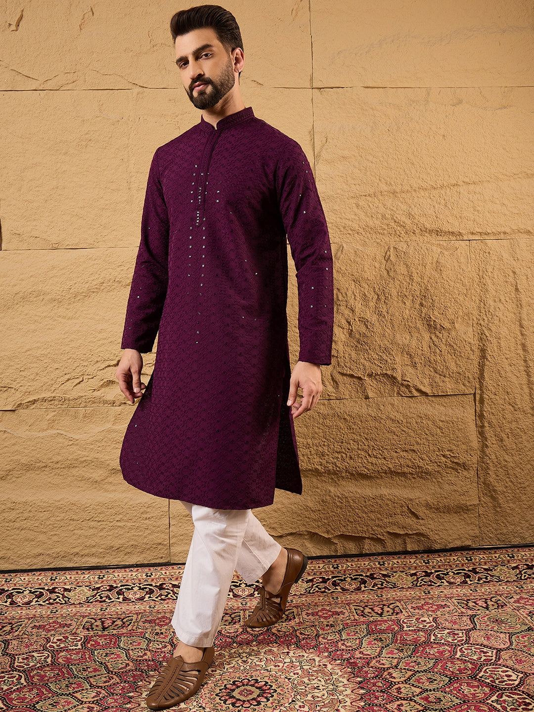 Ethnic Bay Men Purple Viscose Rayon Solid Embroidered Straight Kurta-MKU1189