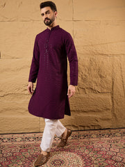 Ethnic Bay Men Purple Viscose Rayon Solid Embroidered Straight Kurta-MKU1189