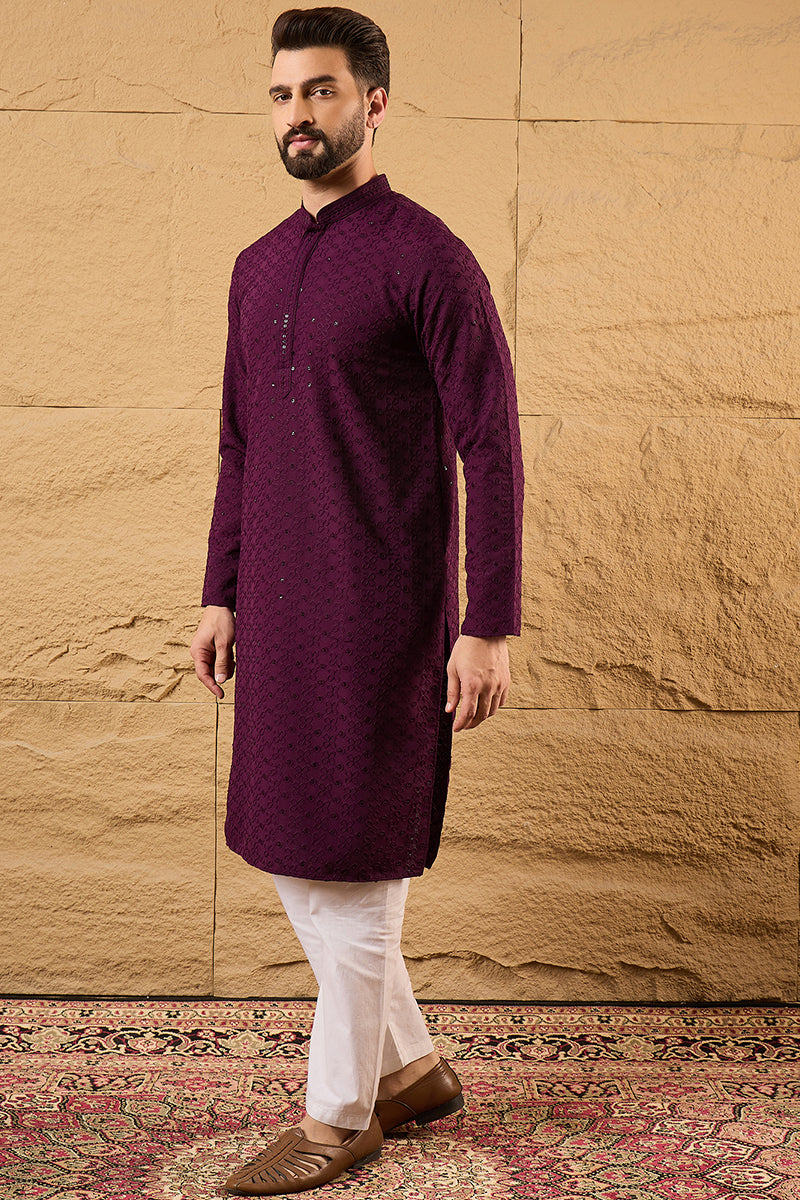 Purple Viscose Rayon Solid Embroidered Straight Kurta HOPMKU1189 | Des