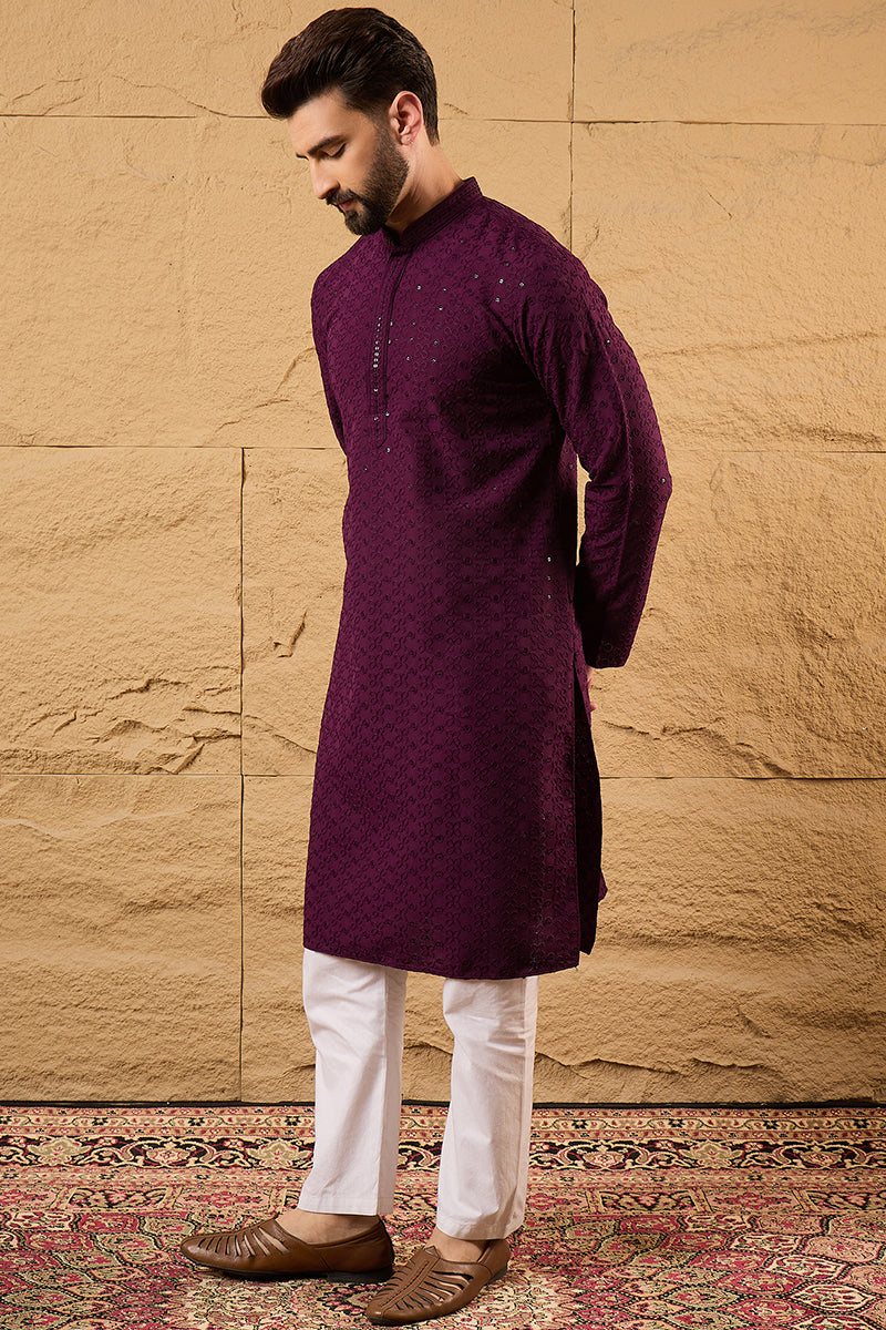 Purple Viscose Rayon Solid Embroidered Straight Kurta HOPMKU1189 | Des