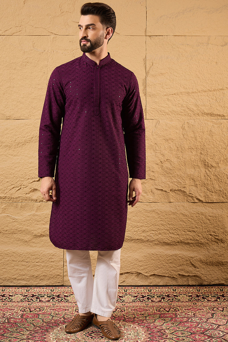 Purple Viscose Rayon Solid Embroidered Straight Kurta HOPMKU1189 | Des