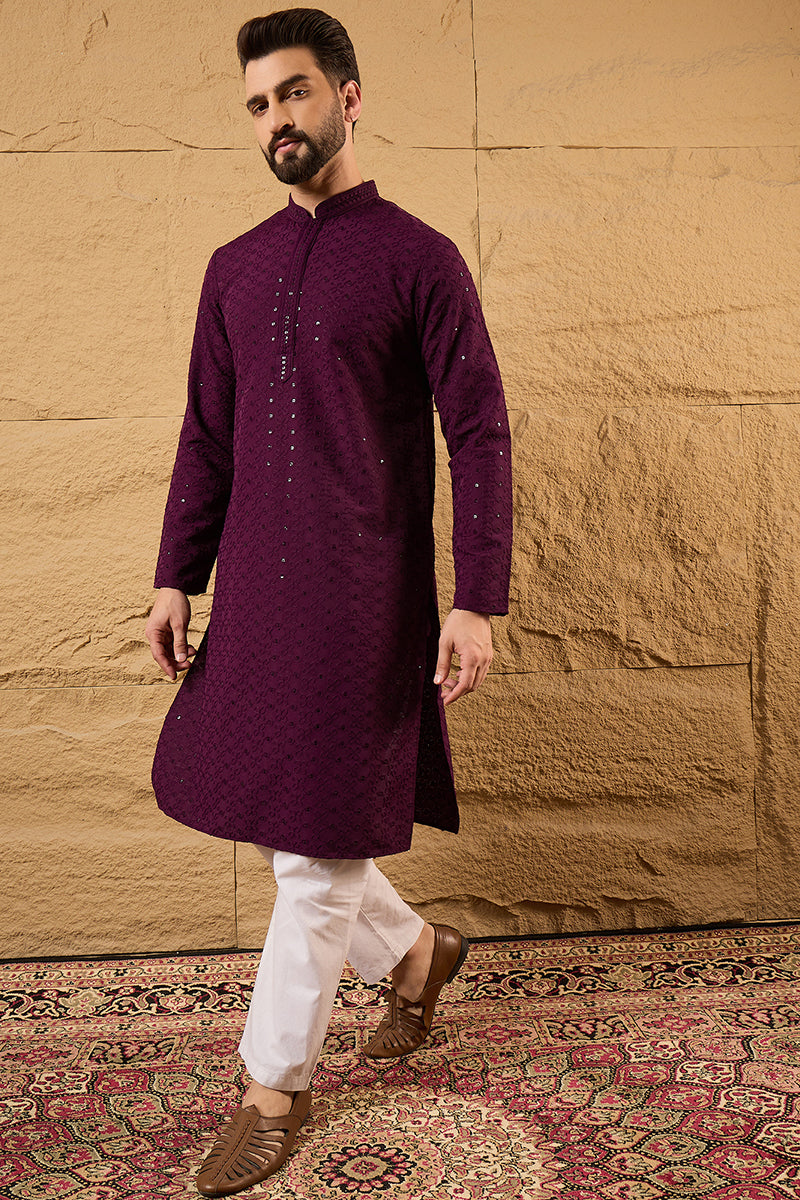 Purple Viscose Rayon Solid Embroidered Straight Kurta HOPMKU1189 | Des