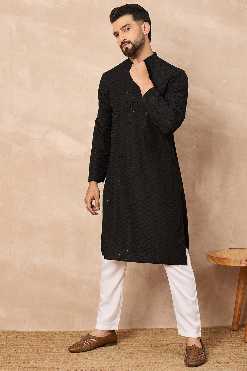Black Viscose Rayon Solid Embroidered Chikankari Straight Kurta HOPMKU