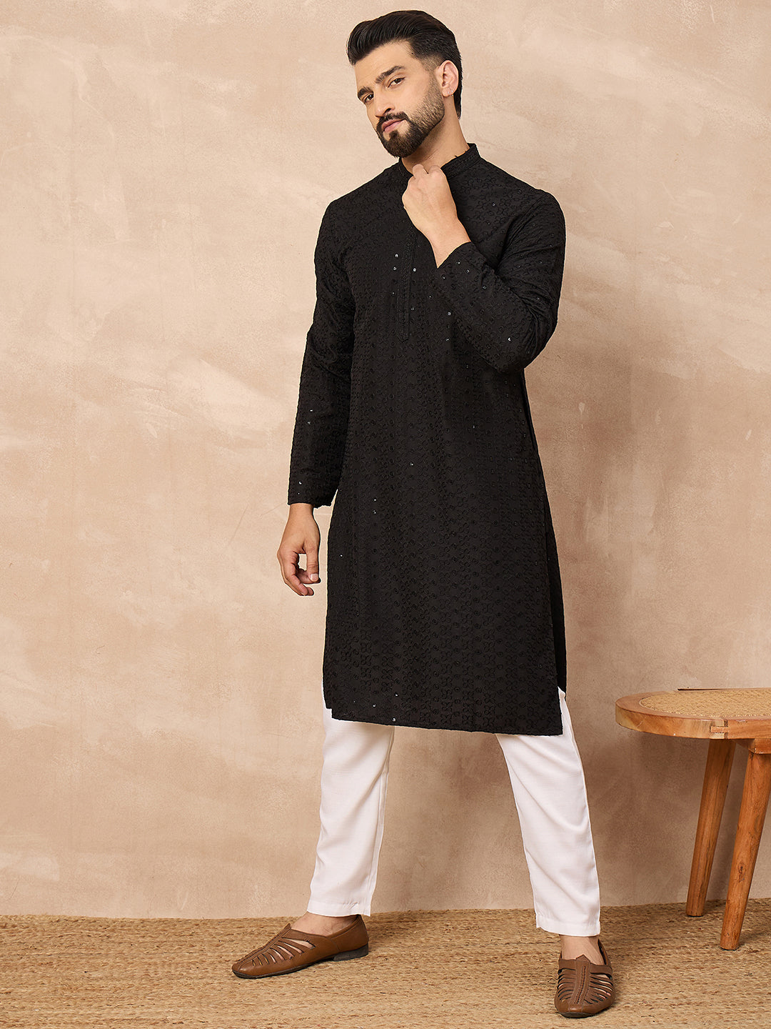 Ethnic Bay Men Black Viscose Rayon Solid Embroidered Straight Kurta-MKU1190
