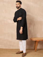 Ethnic Bay Men Black Viscose Rayon Solid Embroidered Straight Kurta-MKU1190