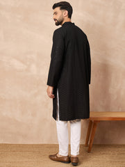 Ethnic Bay Men Black Viscose Rayon Solid Embroidered Straight Kurta-MKU1190