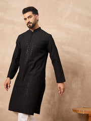 Ethnic Bay Men Black Viscose Rayon Solid Embroidered Straight Kurta-MKU1190