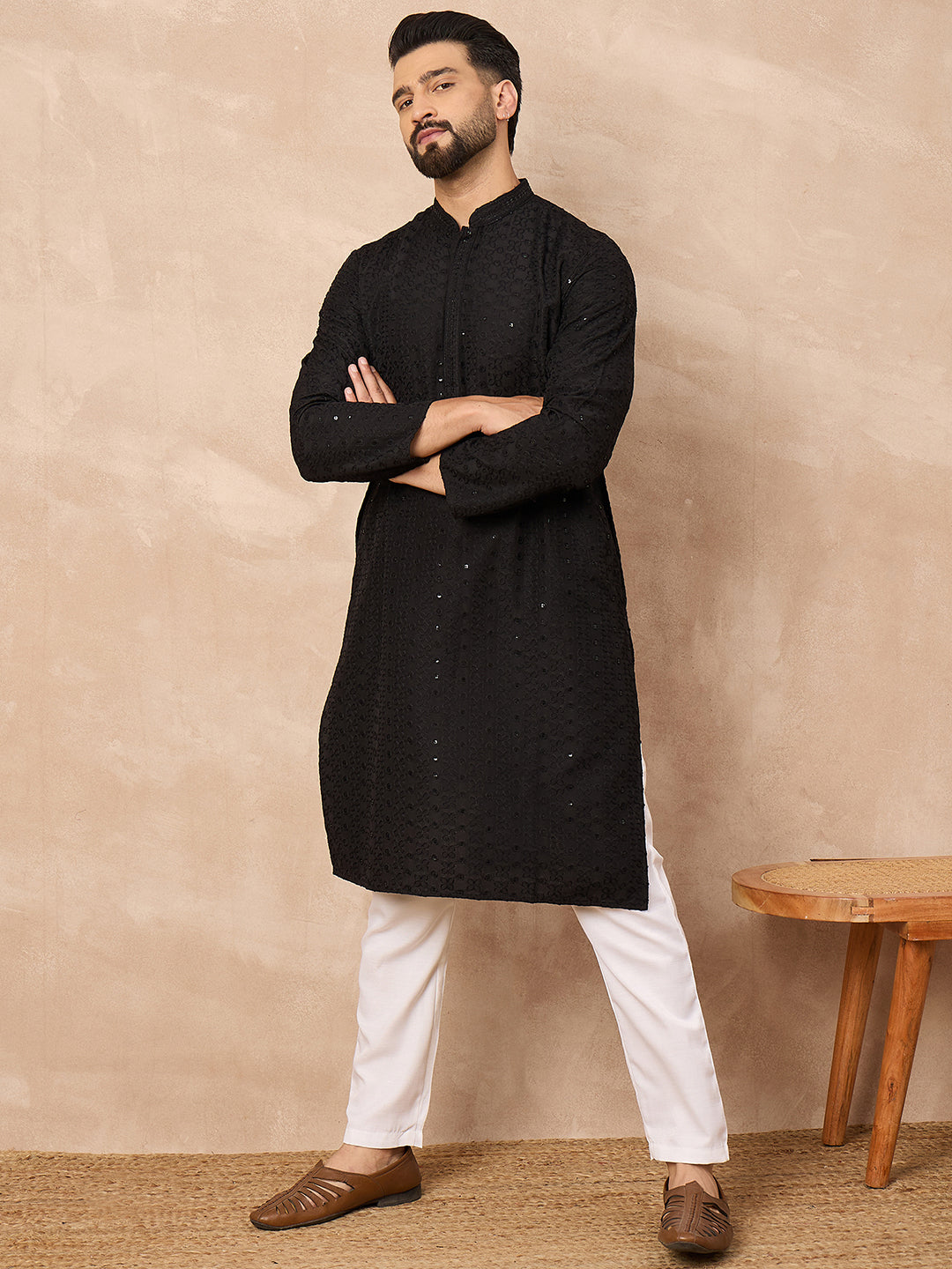 Ethnic Bay Men Black Viscose Rayon Solid Embroidered Straight Kurta-MKU1190