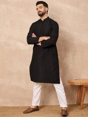 Ethnic Bay Men Black Viscose Rayon Solid Embroidered Straight Kurta-MKU1190