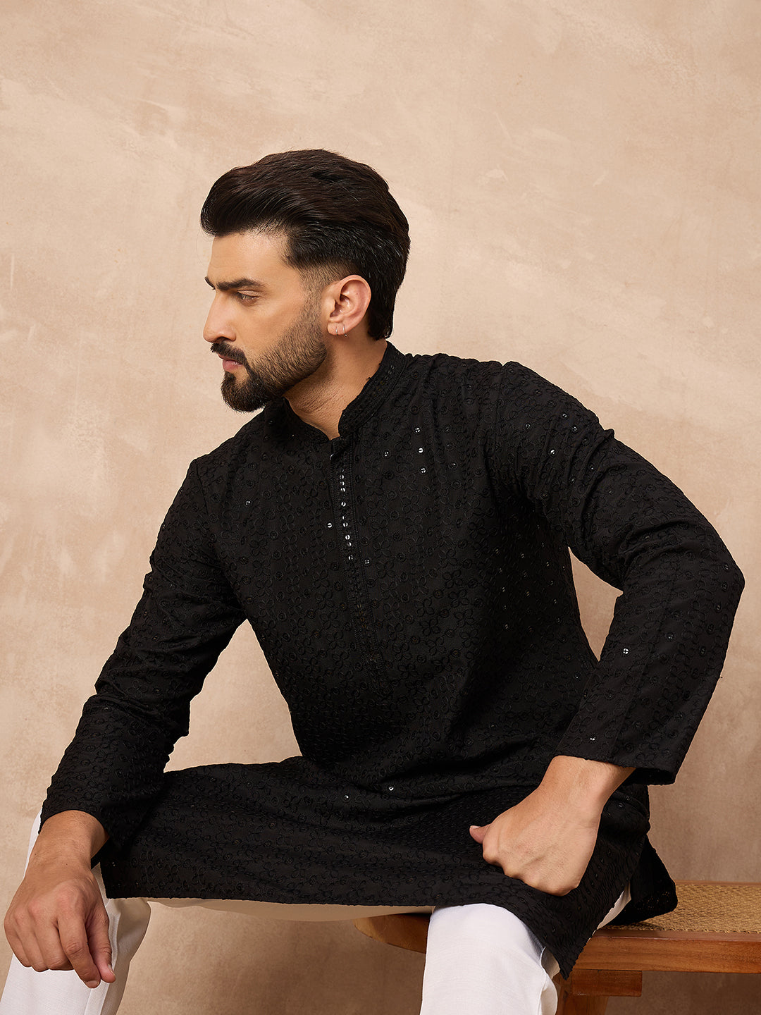 Ethnic Bay Men Black Viscose Rayon Solid Embroidered Straight Kurta-MKU1190