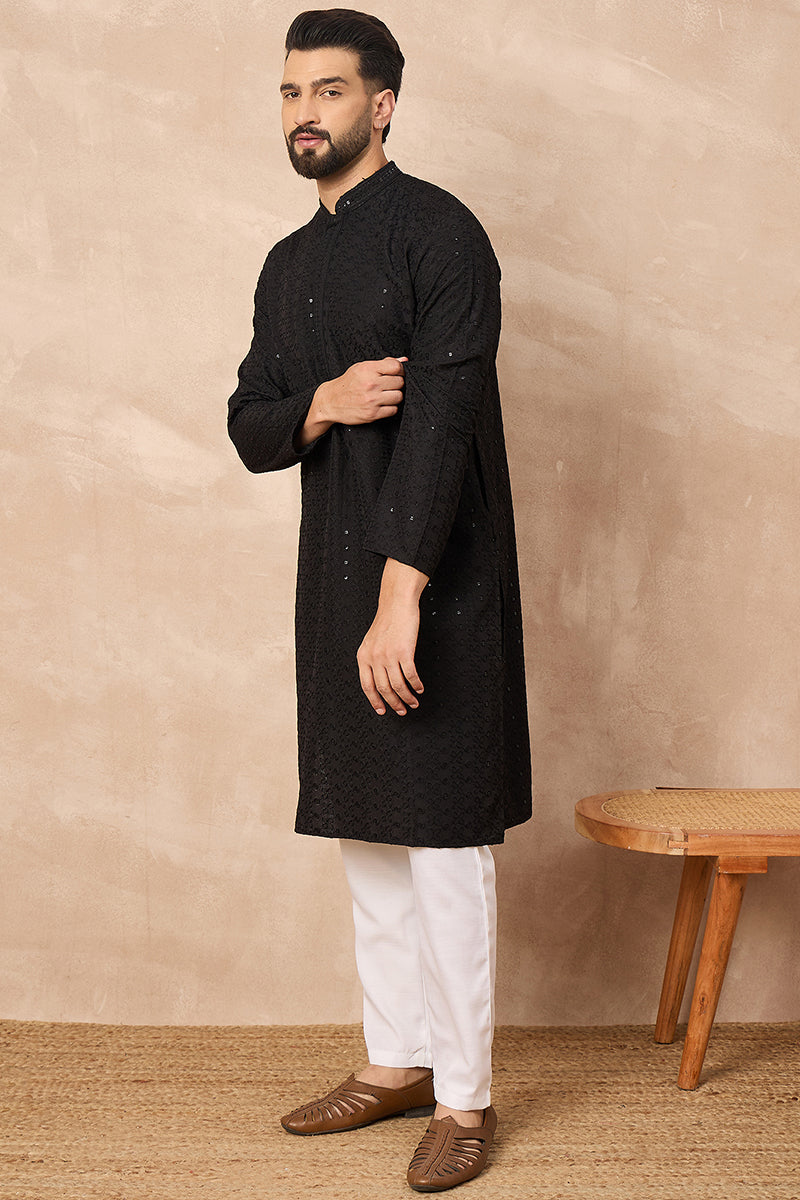 Black Viscose Rayon Solid Embroidered Chikankari Straight Kurta HOPMKU