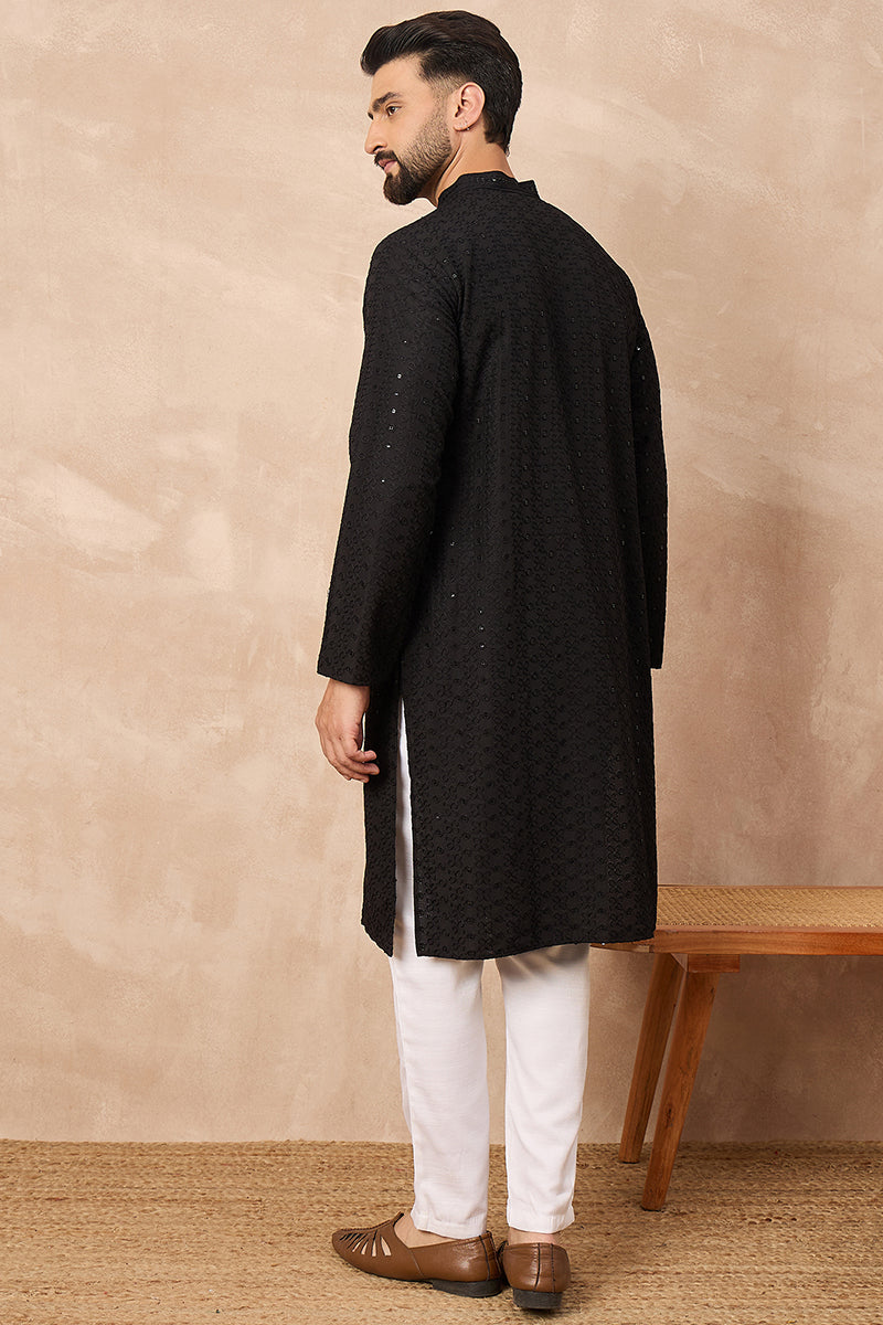 Black Viscose Rayon Solid Embroidered Chikankari Straight Kurta HOPMKU