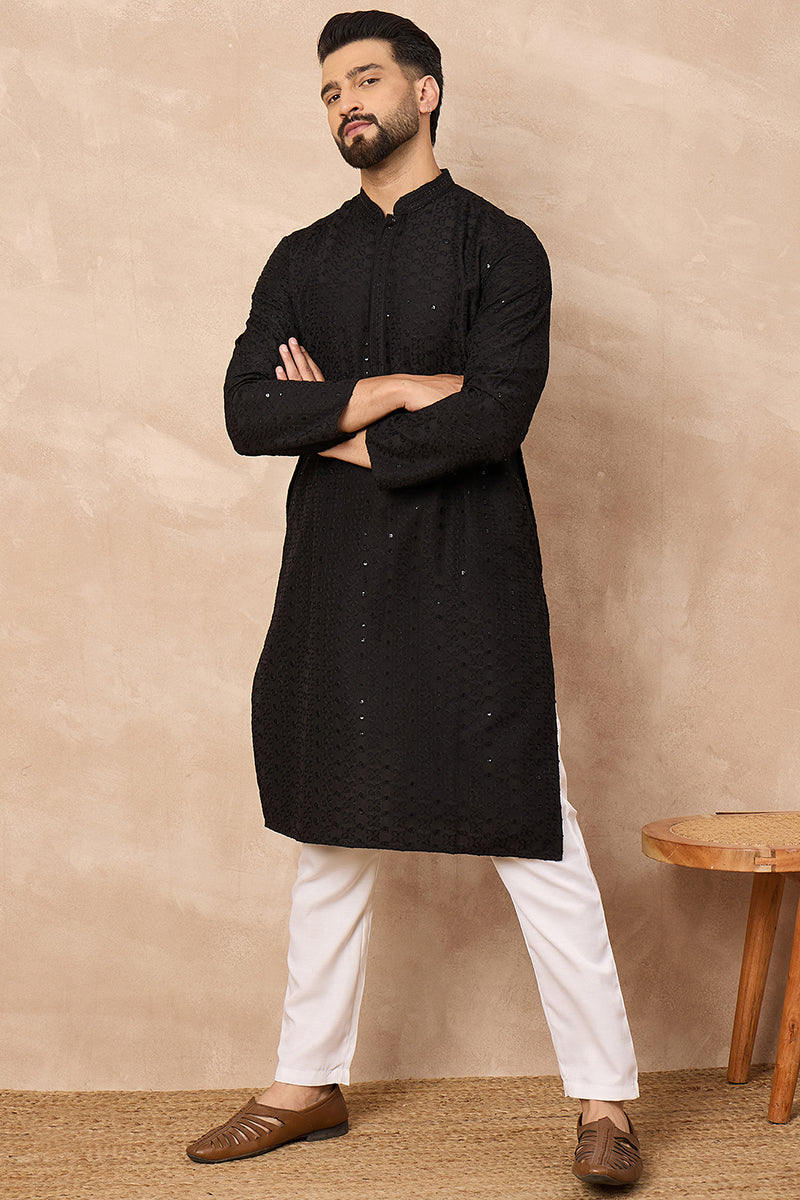 Black Viscose Rayon Solid Embroidered Chikankari Straight Kurta HOPMKU