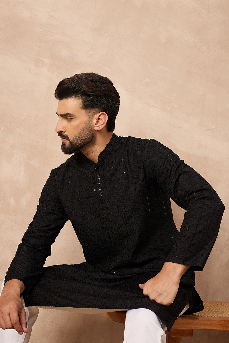 Black Viscose Rayon Solid Embroidered Chikankari Straight Kurta HOPMKU
