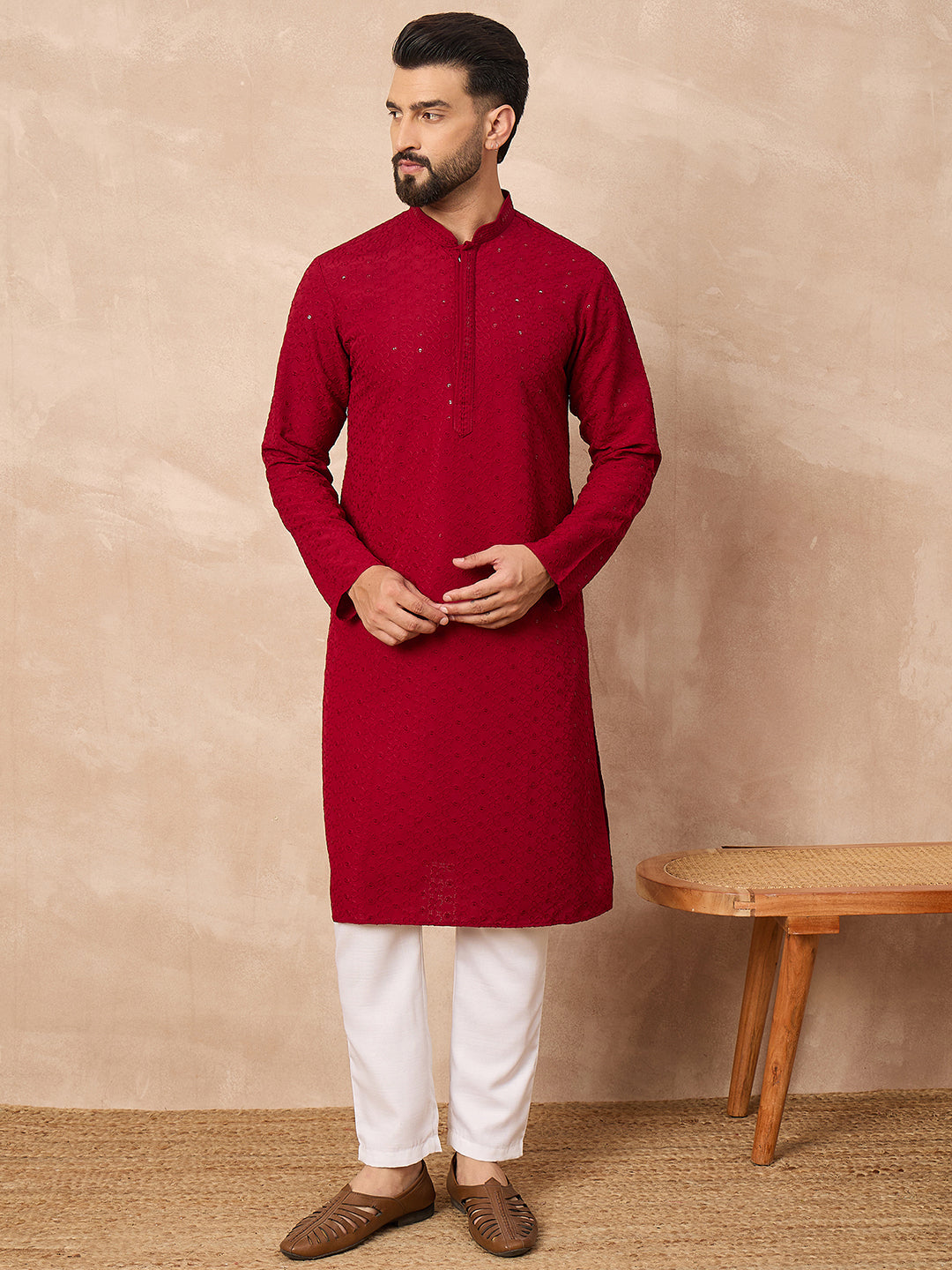 Ethnic Bay Men Maroon Viscose Rayon Solid Embroidered Straight Kurta-MKU1191