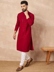 Ethnic Bay Men Maroon Viscose Rayon Solid Embroidered Straight Kurta-MKU1191