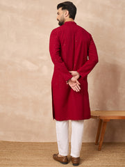 Ethnic Bay Men Maroon Viscose Rayon Solid Embroidered Straight Kurta-MKU1191