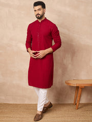 Ethnic Bay Men Maroon Viscose Rayon Solid Embroidered Straight Kurta-MKU1191