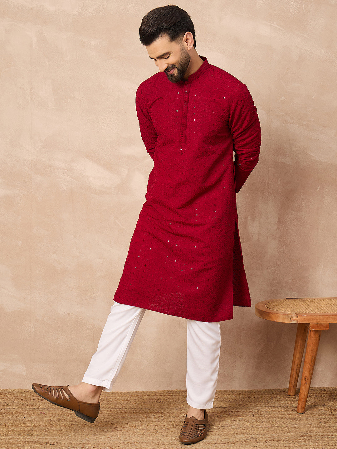 Ethnic Bay Men Maroon Viscose Rayon Solid Embroidered Straight Kurta-MKU1191
