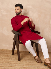 Ethnic Bay Men Maroon Viscose Rayon Solid Embroidered Straight Kurta-MKU1191