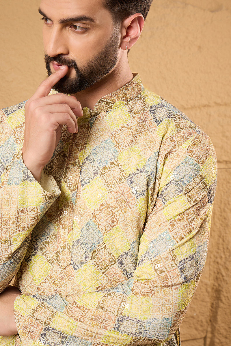 S, ethnic-wear, L, M, New arrivals, new-label, new-launch, men kurta, Viscose Rayon, Mandarin Collar, viscose-rayon-men-kurta, Long Sleeves, Bandhani Design, XL, Yellow