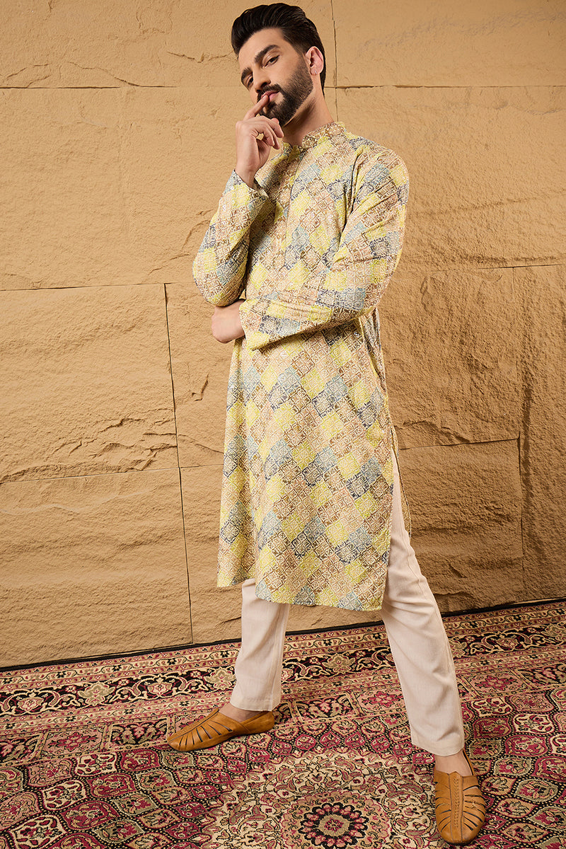 S, ethnic-wear, L, M, New arrivals, new-label, new-launch, men kurta, Viscose Rayon, Mandarin Collar, viscose-rayon-men-kurta, Long Sleeves, Bandhani Design, XL, Yellow