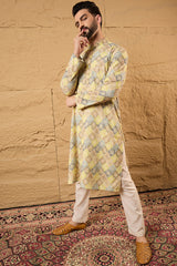 Yellow Viscose Rayon Bandhani Embroidered Straight Kurta MKU1192
