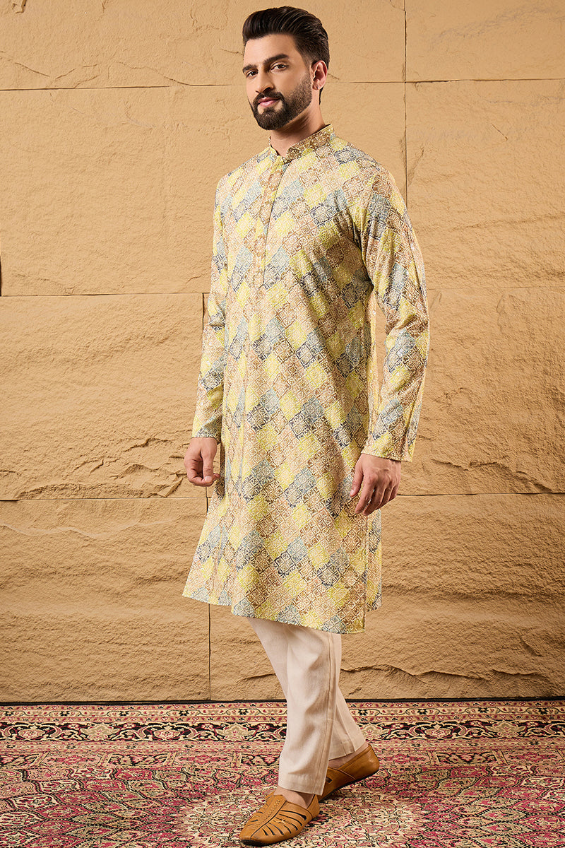 S, ethnic-wear, L, M, New arrivals, new-label, new-launch, men kurta, Viscose Rayon, Mandarin Collar, viscose-rayon-men-kurta, Long Sleeves, Bandhani Design, XL, Yellow