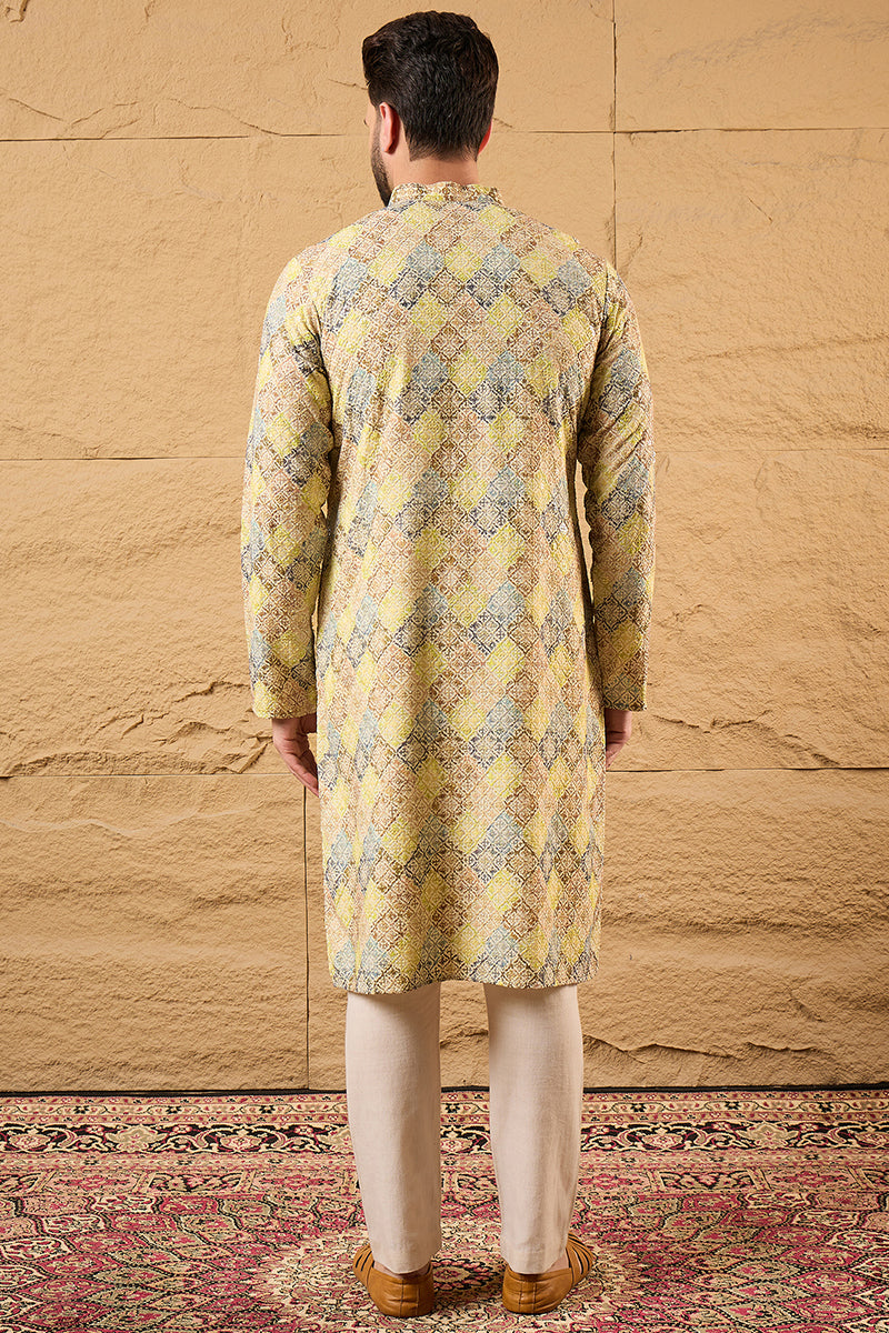 S, ethnic-wear, L, M, New arrivals, new-label, new-launch, men kurta, Viscose Rayon, Mandarin Collar, viscose-rayon-men-kurta, Long Sleeves, Bandhani Design, XL, Yellow
