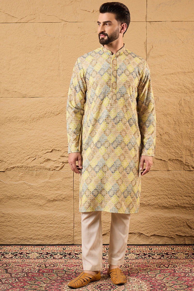 S, ethnic-wear, L, M, New arrivals, new-label, new-launch, men kurta, Viscose Rayon, Mandarin Collar, viscose-rayon-men-kurta, Long Sleeves, Bandhani Design, XL, Yellow