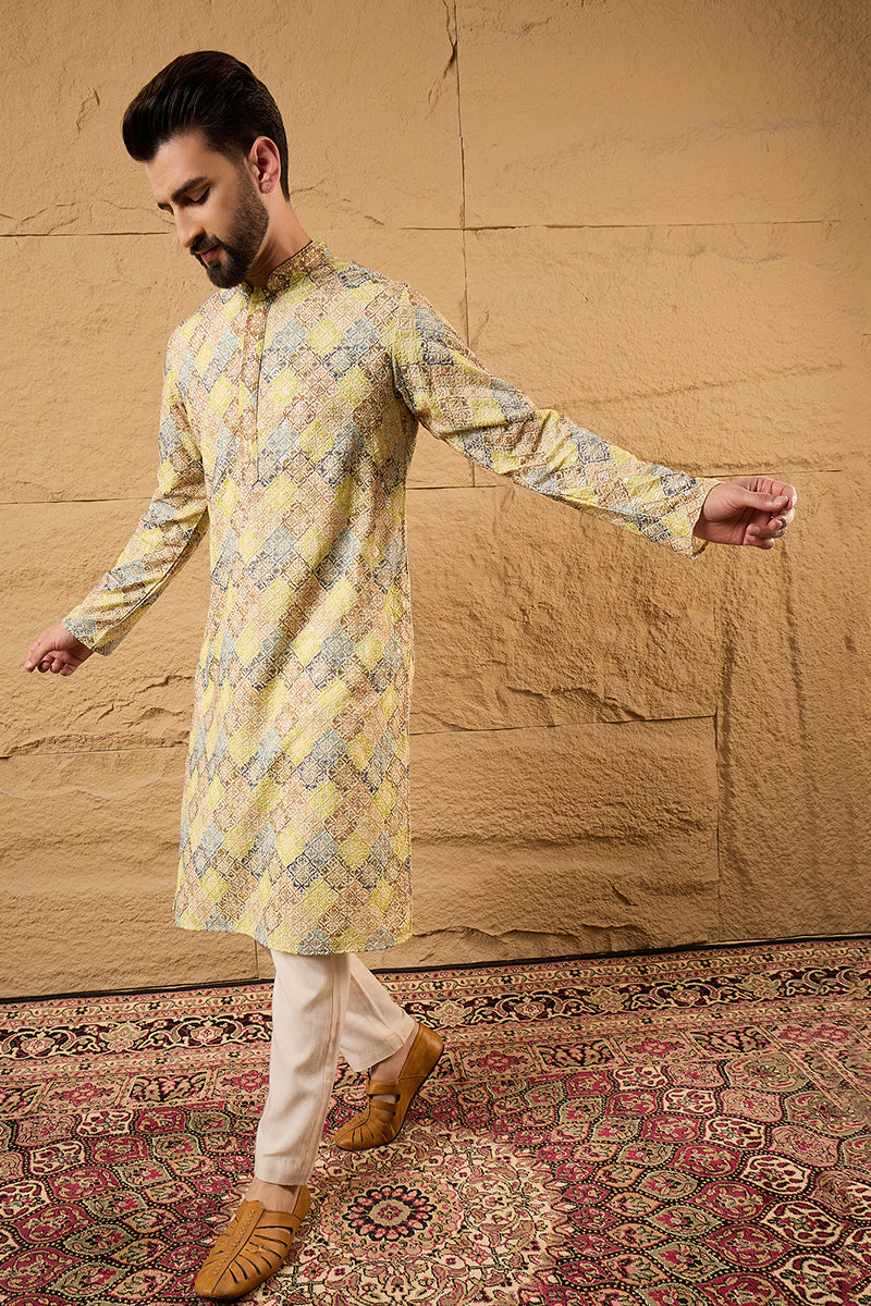 Yellow Viscose Rayon Bandhani Embroidered Straight Kurta MKU1192